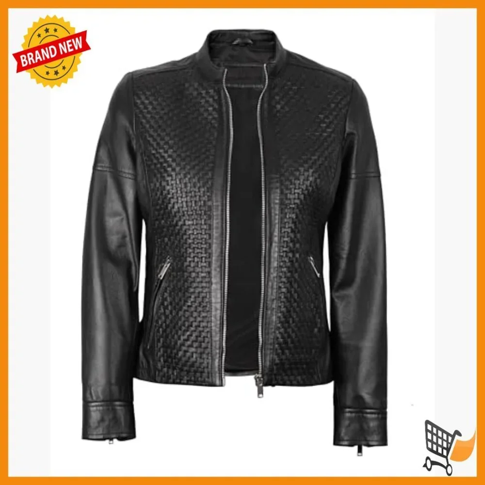 Lambskin Leather Jacket Women's Cafe Racer Style Zipper Closure